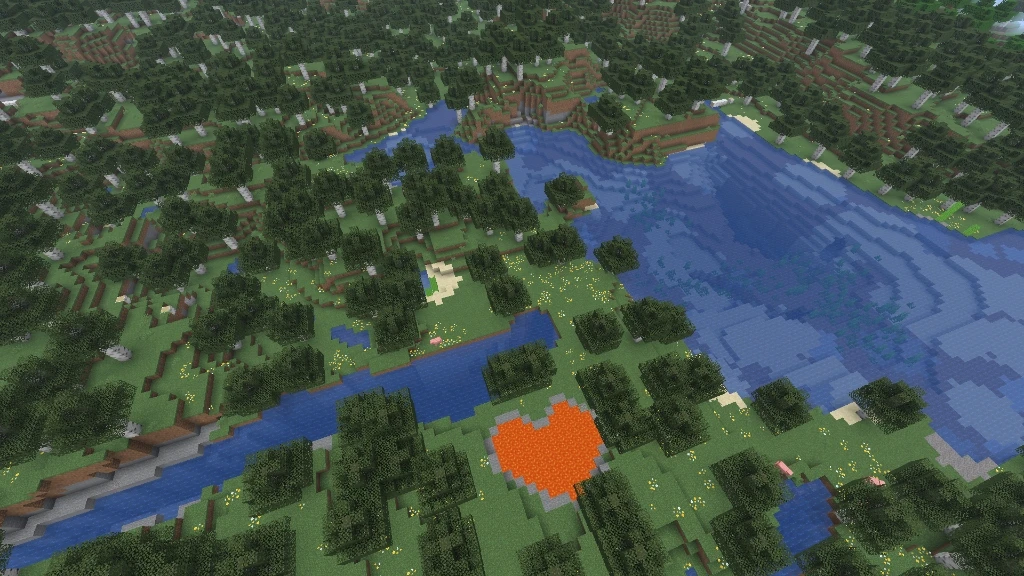 Aerial landscape showing the heart-shaped lava pool in the broader river valley and birch canopy