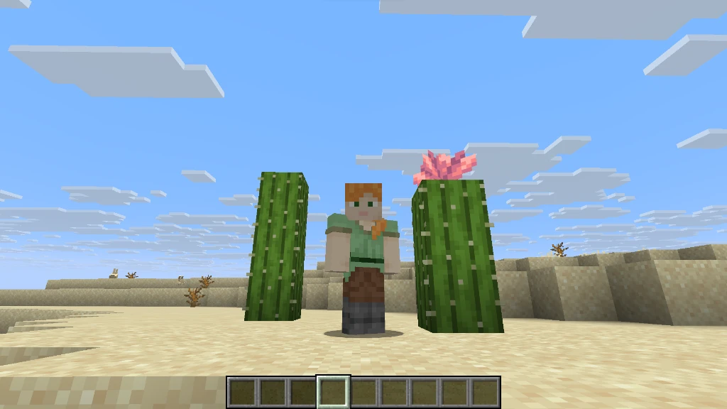 Close-up perspective of the tight spawn corridor flanked by thick cactus columns