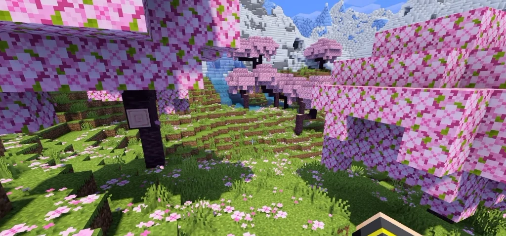 Ground-level view among pink cherry blossom trees inside the mountain caldera