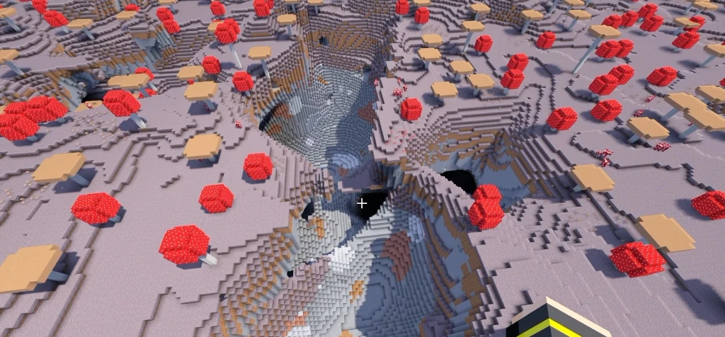 Giant exposed chasm cutting through the mycelium surface of the mushroom island