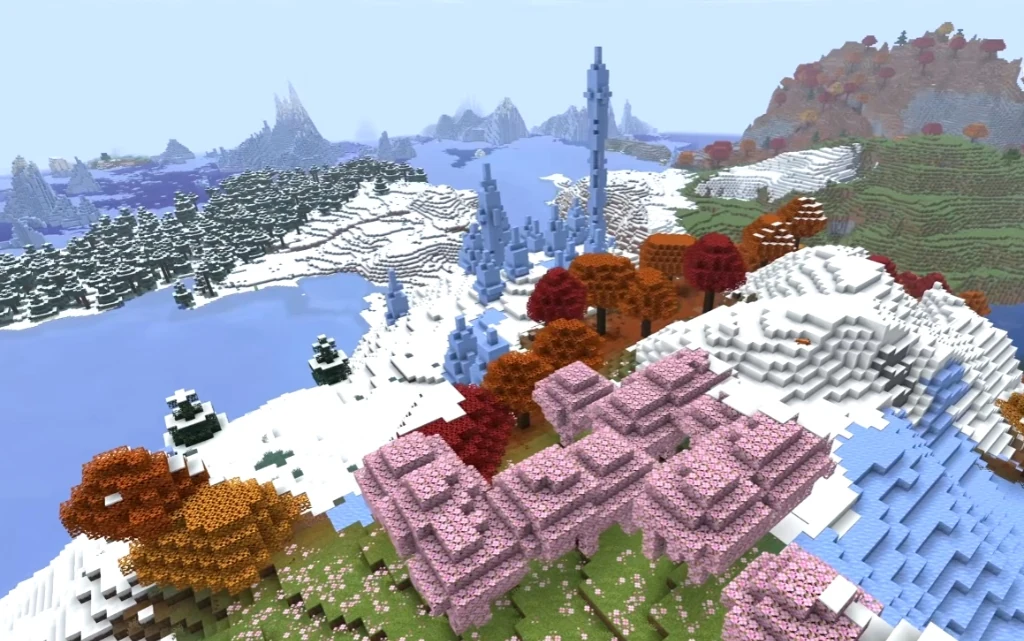 Aerial view showing the transition where pink Cherry Blossom trees meet orange Dappled Forest trees and towering glacial Ice Spikes