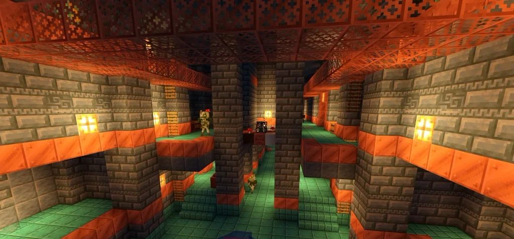 Underground Trial Chamber with oxidized copper blocks, tuff bricks, and trial spawners.