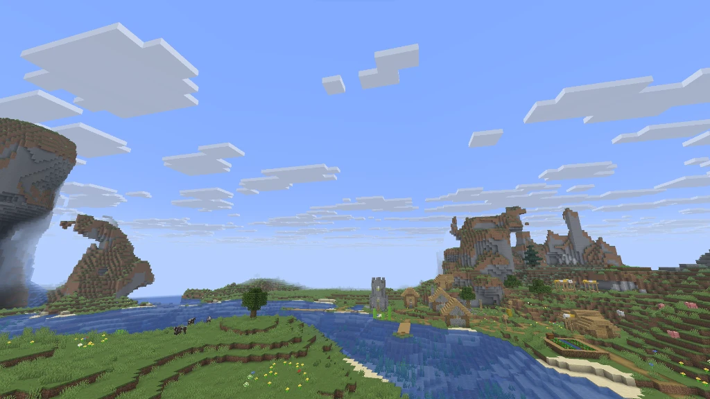 The river valley plains village nestled beneath dramatic shattered mountain arches and waterfalls