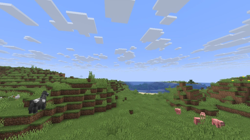 Rolling green valleys populated by wild horses, pigs, and chickens bordered by the ocean bay