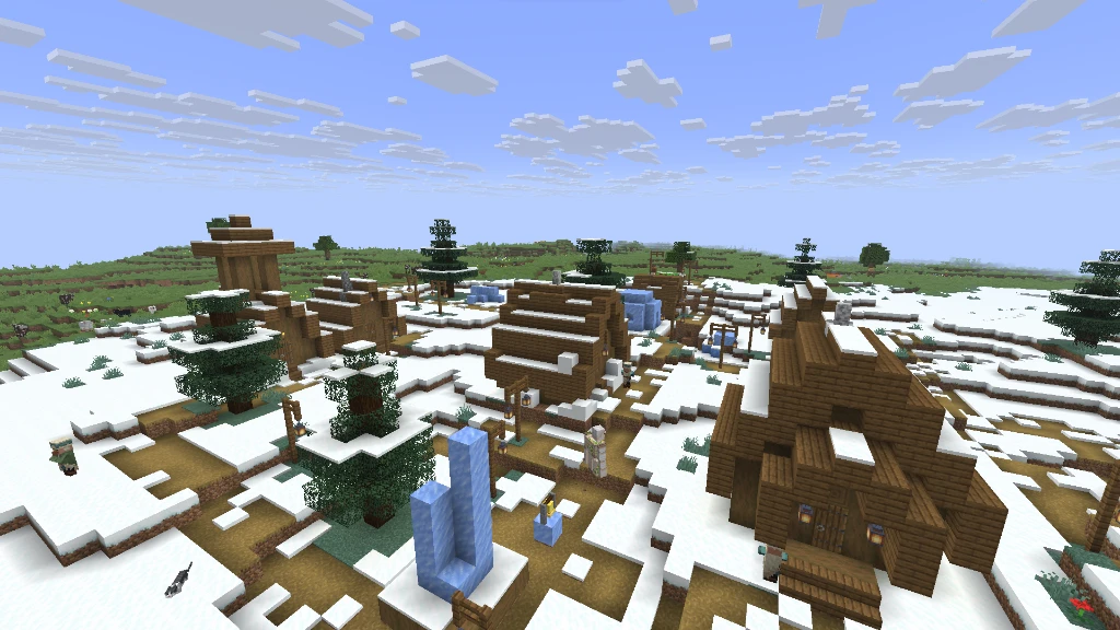 The Snowy Village featuring cozy spruce cabins, snowy roofs, and a central blue ice pillar shrine
