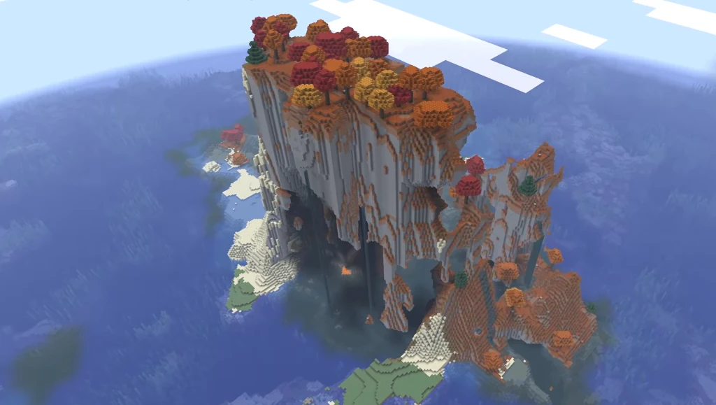 High aerial view of the flat island plateau covered in colorful red and golden Dappled Forest trees