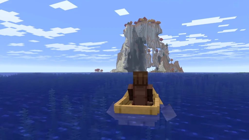 Player in a wooden boat approaching the towering monolithic island across the deep ocean
